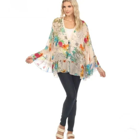 JOHNNY WAS Sequence Georgina Kimono Style Vibrant Floral Blouse NWT Size Medium - Picture 7 of 13